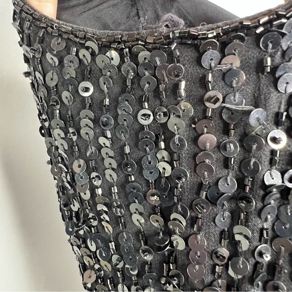 Vintage Beaded Sequined Gown Open Back Black Dress Sleeveless Strappy Tie Formal - Picture 6 of 7
